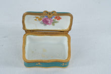 Load image into Gallery viewer, Turquoise Porcelain Hinged Trinket Box Courting Couple Floral Gold Gilt

