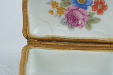 Load image into Gallery viewer, Turquoise Porcelain Hinged Trinket Box Courting Couple Floral Gold Gilt
