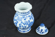 Load image into Gallery viewer, Blue &amp; White Porcelain Covered Ginger Jar Floral Scroll Chinoiserie 8.5"
