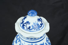 Load image into Gallery viewer, Blue &amp; White Porcelain Covered Ginger Jar Floral Scroll Chinoiserie 8.5"
