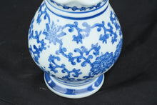Load image into Gallery viewer, Blue &amp; White Porcelain Covered Ginger Jar Floral Scroll Chinoiserie 8.5"
