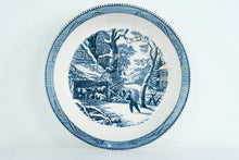 Load image into Gallery viewer, Currier and Ives Royal Winter Scene Blue Transferware Soup Bowl 10 Inch
