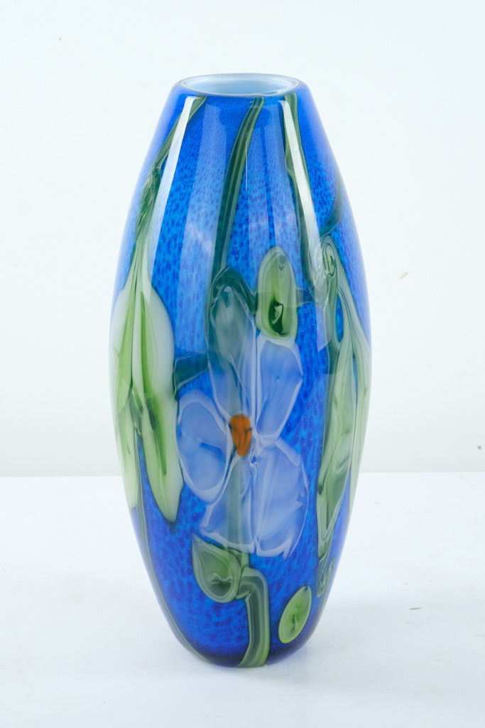 Hand Blown Art Glass Vase – Blue with Applied Floral Design, 17” Tall