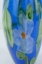 Load image into Gallery viewer, Hand Blown Art Glass Vase – Blue with Applied Floral Design, 17” Tall
