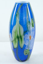 Load image into Gallery viewer, Hand Blown Art Glass Vase – Blue with Applied Floral Design, 17” Tall
