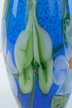 Load image into Gallery viewer, Hand Blown Art Glass Vase – Blue with Applied Floral Design, 17” Tall
