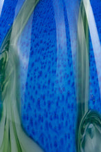 Load image into Gallery viewer, Hand Blown Art Glass Vase – Blue with Applied Floral Design, 17” Tall
