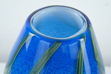 Load image into Gallery viewer, Hand Blown Art Glass Vase – Blue with Applied Floral Design, 17” Tall
