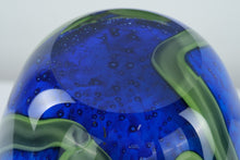 Load image into Gallery viewer, Hand Blown Art Glass Vase – Blue with Applied Floral Design, 17” Tall

