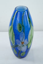 Load image into Gallery viewer, Hand Blown Art Glass Vase – Blue with Applied Floral Design, 17” Tall
