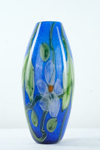 Load image into Gallery viewer, Hand Blown Art Glass Vase – Blue with Applied Floral Design, 17” Tall
