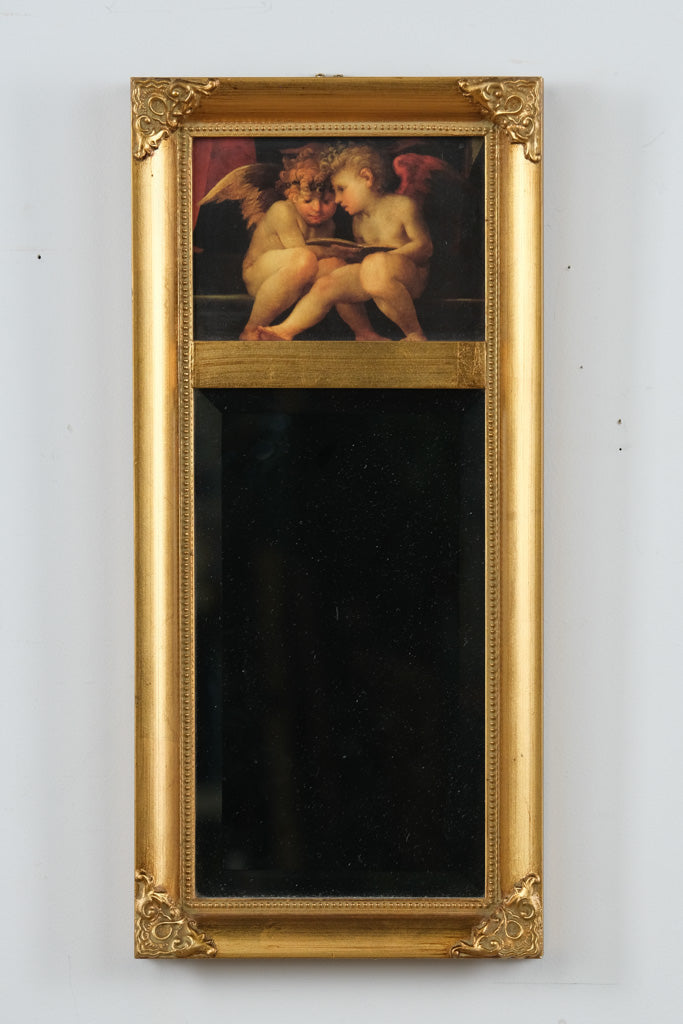 “Two Putti Reading” Mirror – Rosso Fiorentino Art Detail in Gilded Frame