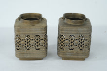 Load image into Gallery viewer, Vintage Brass Pierced Lantern Candle Holders Pair Floral Filigree Square
