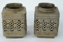 Load image into Gallery viewer, Vintage Brass Pierced Lantern Candle Holders Pair Floral Filigree Square

