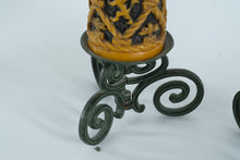 Load image into Gallery viewer, Mid-Century European-Style Sculpted Wax Candles on Japanese Cast Iron Holders – Vintage Pair (13.5")
