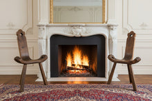 Load image into Gallery viewer, Pair of Rustic Spanish Carved Wood Accent Chairs with Clover Cutout Backs – Sculptural Solid Wood Seating
