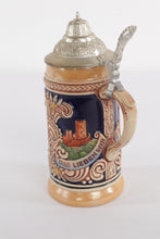 Load image into Gallery viewer, Vintage German Beer Stein – “Froh Beim Bier” / Landsknecht Tavern Scene, 7&quot; Ceramic with Pewter Lid
