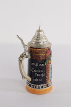Load image into Gallery viewer, Vintage German Beer Stein – “Froh Beim Bier” / Landsknecht Tavern Scene, 7&quot; Ceramic with Pewter Lid
