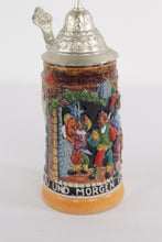 Load image into Gallery viewer, Vintage German Beer Stein – “Froh Beim Bier” / Landsknecht Tavern Scene, 7&quot; Ceramic with Pewter Lid
