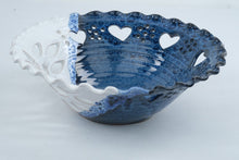 Load image into Gallery viewer, Handmade Blue and White Studio Pottery Heart Cutout Bowl 11 Inch
