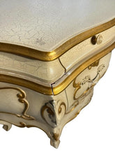 Load image into Gallery viewer, Italian Gold-Decorated Three-Drawer Carved Commode with Crackle Finish
