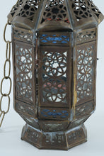 Load image into Gallery viewer, Moroccan-Style Hanging Lantern with Stained Glass Panels – 13&quot; Tall
