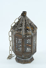 Load image into Gallery viewer, Moroccan-Style Hanging Lantern with Stained Glass Panels – 13&quot; Tall
