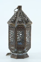Load image into Gallery viewer, Moroccan-Style Hanging Lantern with Stained Glass Panels – 13&quot; Tall

