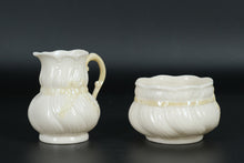 Load image into Gallery viewer, Belleek Ireland Creamer &amp; Sugar Bowl Set – Bow Embossed – Ivory with Pale Yellow Handle

