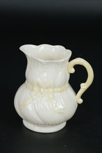Load image into Gallery viewer, Belleek Ireland Creamer &amp; Sugar Bowl Set – Bow Embossed – Ivory with Pale Yellow Handle
