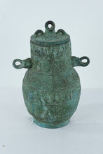 Load image into Gallery viewer, Antique Chinese Bronze Vessel with Lid – Archaic Style Hu Jar with Taotie Motifs (16” Tall)

