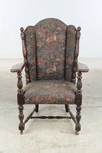 Load image into Gallery viewer, Mayhew Antique Carved Oak Wingback Armchair with Tapestry Upholstery and Casters
