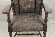 Load image into Gallery viewer, Mayhew Antique Carved Oak Wingback Armchair with Tapestry Upholstery and Casters
