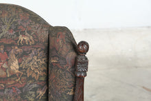 Load image into Gallery viewer, Mayhew Antique Carved Oak Wingback Armchair with Tapestry Upholstery and Casters
