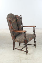 Load image into Gallery viewer, Mayhew Antique Carved Oak Wingback Armchair with Tapestry Upholstery and Casters
