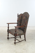 Load image into Gallery viewer, Mayhew Antique Carved Oak Wingback Armchair with Tapestry Upholstery and Casters
