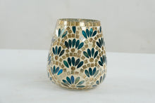 Load image into Gallery viewer, At Home Tracey Boyd Mosaic Glass Hurricane Candle Holder Teal Gold 6 Inch

