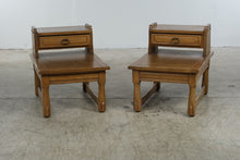 Load image into Gallery viewer, Pair of Vintage Oak Step End Tables with Drawers and Brass Ring Pulls
