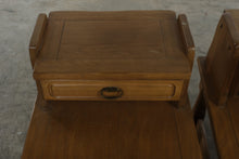 Load image into Gallery viewer, Pair of Vintage Oak Step End Tables with Drawers and Brass Ring Pulls
