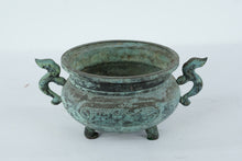 Load image into Gallery viewer, Antique Chinese Bronze Tripod Censer (Ding Form) with Dragon Handles – Verdigris Patina (5” Tall)
