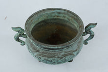 Load image into Gallery viewer, Antique Chinese Bronze Tripod Censer (Ding Form) with Dragon Handles – Verdigris Patina (5” Tall)

