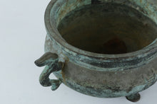 Load image into Gallery viewer, Antique Chinese Bronze Tripod Censer (Ding Form) with Dragon Handles – Verdigris Patina (5” Tall)
