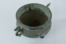 Load image into Gallery viewer, Antique Chinese Bronze Tripod Censer (Ding Form) with Dragon Handles – Verdigris Patina (5” Tall)

