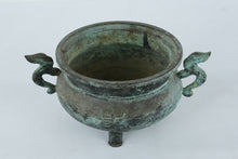 Load image into Gallery viewer, Antique Chinese Bronze Tripod Censer (Ding Form) with Dragon Handles – Verdigris Patina (5” Tall)
