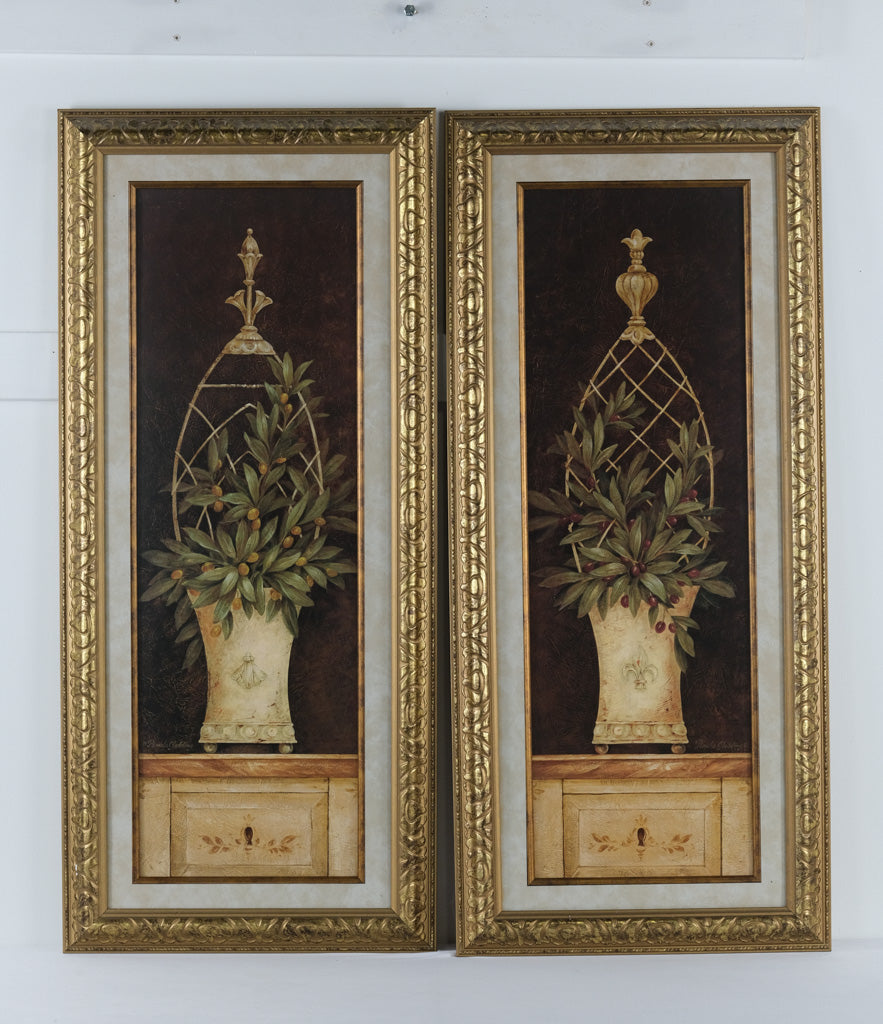 Set of 2 Framed Botanical Topiary Prints – Classic Olive Urn Wall Art in Gold Ornate Frames – 19.5