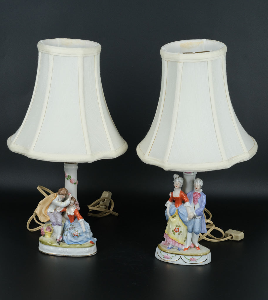 Victorian Courting Couple Porcelain Figurine Lamps – Pair with Shades