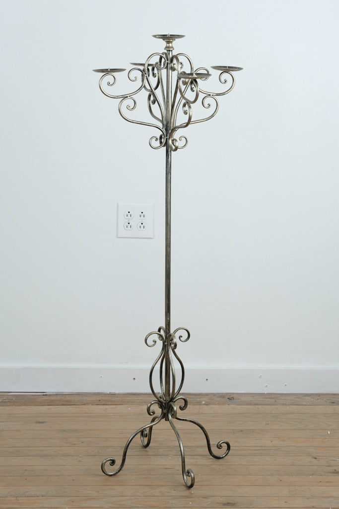 Tall Ornate Pewter Scrollwork Floor Candelabra – 6 Candle Holder