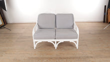 Load and play video in Gallery viewer, White Rattan Loveseat - New Custom Cushions
