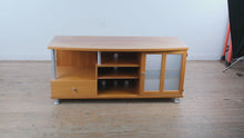 Load and play video in Gallery viewer, Teak Media Console Cabinet with Frosted Glass Doors and Metal Legs
