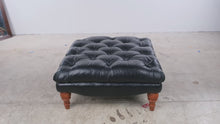 Load and play video in Gallery viewer, Black Leather Tufted Oversized Ottoman with Carved Wood Legs
